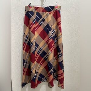 Elegant Plaid A-Line Skirt in Red, Blue, and Tan SZ L